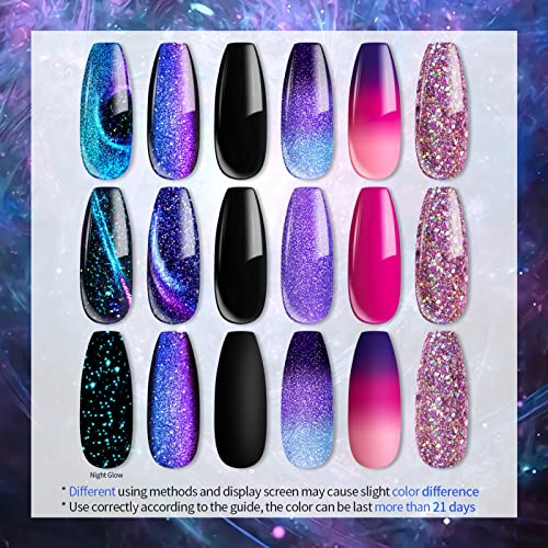UR SUGAR Glitter Gel Nail Polish Set, 6 Colors Glitter 9D Cat Magnetic Black Nail Polish Color Changing Gel Polish Kit Hot Pink Purple Gold Colors Soak Off Gel Nails Kit Manicure Gift for Women