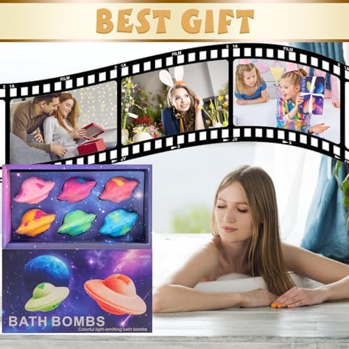 Light Up Bath Bombs with Surprise Light Cube Inside 6 Set 4 Ounce Big Size Romantic Saturn Natural Organic Saturn Bubble Bath Shower Bomb for Women Handmade Bubble Relaxing Spa Gift Bath Skin