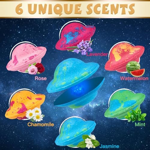 Light Up Bath Bombs with Surprise Light Cube Inside 6 Set 4 Ounce Big Size Romantic Saturn Natural Organic Saturn Bubble Bath Shower Bomb for Women Handmade Bubble Relaxing Spa Gift Bath Skin