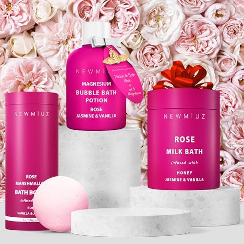 Magnesium Bubble Bath Rose Jasmine Vanilla Long Lasting Foam for Sore Muscles Epsom Salt Moisturizing Relaxing Stress Relief Spa Gift for Women