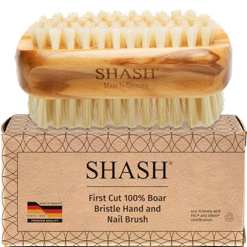 Made in Germany - SHASH + KELLER 100% First Cut Boar Bristle Nail Brush - Gently Removes Dirt and Grime for Clean Hands - Exfoliates Skin for Soft, Smooth Texture, Wood (Olive)