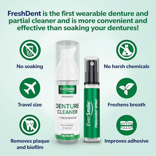 EverSmile FreshDent Denture and Partial Denture Cleaner + Teeth Whitening Spray – Travel Size Alternative to Cleaning Tablets That Eliminates Bacteria and Fights Bad Breath – 50ml + 10ml Pack
