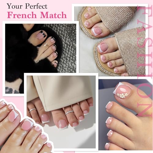 Press On Toenails for Women French Tips, Sharp Square Pre-applied Primer & Base Coat Toe Nail Press Ons Baby Pink Full Cover Fake Tips Extension 15 Sizes 270 Pcs, Builder Nail Gel & Top Coat Required
