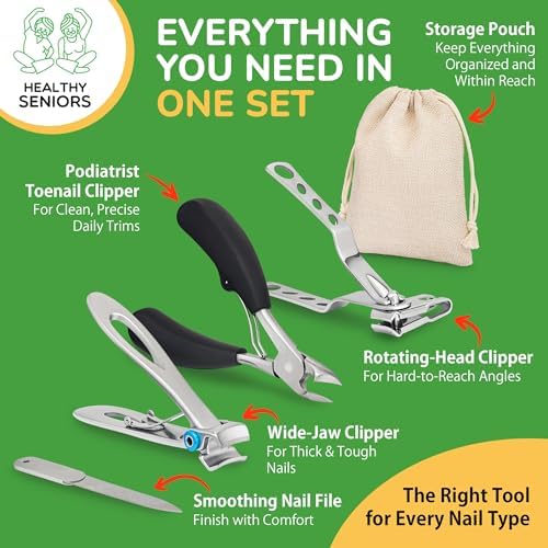 Toenail Clippers for Seniors Thick Toenails - 4-Piece Heavy Duty Nail Clipper Set with Podiatrist Grade Tools, Wide Jaw and Rotating Head Clippers for Elderly Adults
