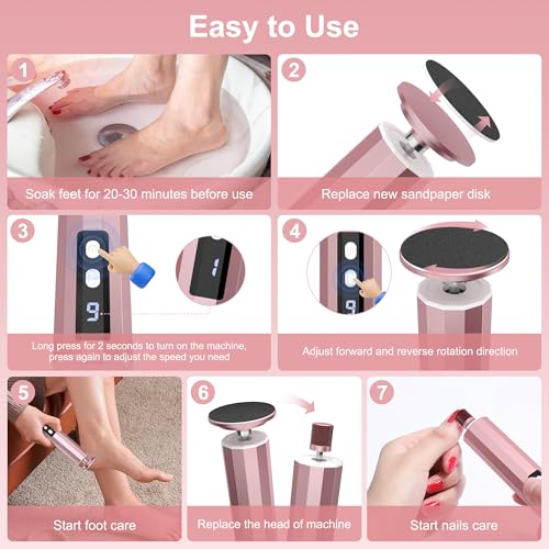 Electric Foot Callus Remover, 2 in 1 Rechargeable Foot File for Feet & Nails, 9 Speed Controller Callus Remover with Replaceable Sandpaper, Cordless Pedicure Tools for Dead Skin and Calluses (Pink)
