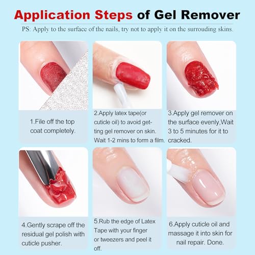 Gel Nail Polish Remover,2PCS/45ML,Quickly and Easily Remove Gel Polish at Home,Contains Roll-on Cuticle Oil,2X Cuticle Pusher and Nail File, Not Damage to Nails,No Need to Wrap or Soak