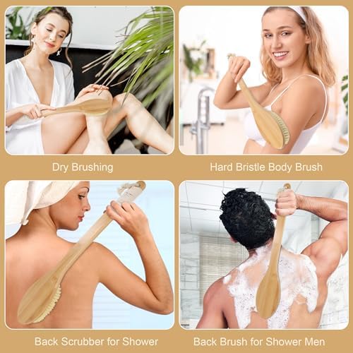 OWIIZI Back Scrubber Brush for Shower,Curved Extra Long Handle Bamboo Stiff Bristle Body Brush for Exfoliating,Natural Agave Stiff Sisal Shower Scrubber for Back Use Wet or Dry-17.9inches