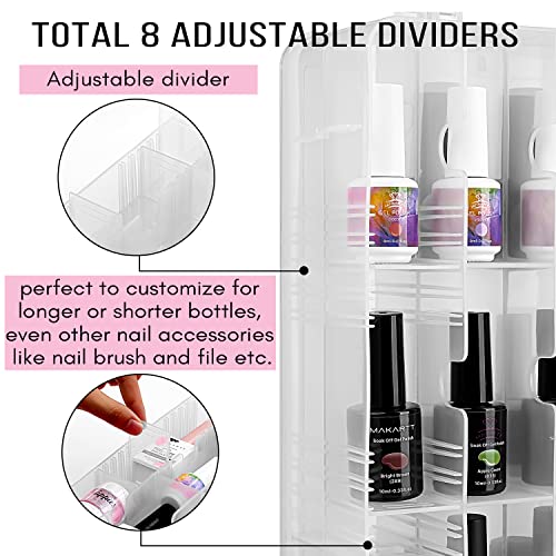 Makartt Nail Polish Organizer, Clear Universal Nail Polish Holder for 48 Bottles,Portable Sturdy Gel Nail Polish Organizer Case with 8 Adjustable Dividers, Space Saver for Nail Bottles Display Travel