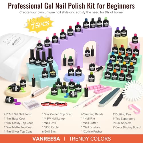 VANREESA Gel Nail Polish Kit with U V Light and Nail Drill Kit 75 Pcs Gel Polish Nail Set 45 All Season Colors Nail Polish Set Base Coat & 4 Effects Top Coat Complete Nail Kit Gifts for Women