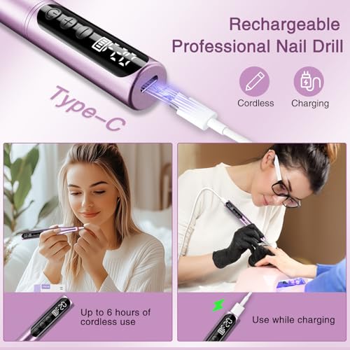 Electric Cordless Nail Drill File: LED Display Professional Portable Nail Drill for Acrylic Gel Dip Powder Nails Manicure Pedicure Kit Tool with Nail Drill Bits Sanding Bands, Purple