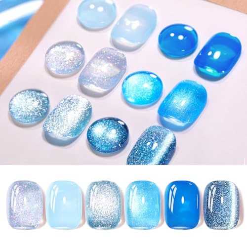 Born Pretty Gel Nail Polish Blue Series,Jelly Transparent,Cat Magnetic Eye,Shimmer Glitter Holographic Blue Gel Polish Kit for Salon Manicure and Nail Art DIY at Home 6Colors