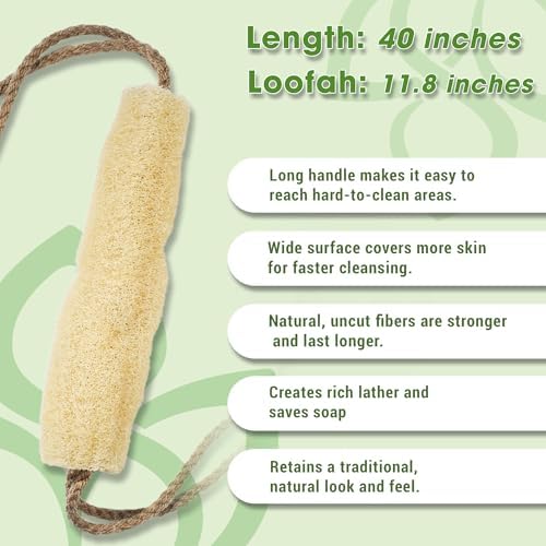 Vietnamese Natural Loofah Back Scrubber - 100% Plant-Based Exfoliation Shower Sponge, Handcrafted Whole Loofah Gourd with Jute Fiber Handle, Suitable for Men & Women (1-Pack)