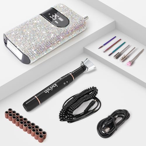 Professional Rechargeable Nail Drill Machine, Lavinda Diamond 35000RPM Electric Nail File Cordless Portable Nail Drill with Coreless Motor for Acrylic Nails, Manicure Pedicure Tool, Crystal Diamond