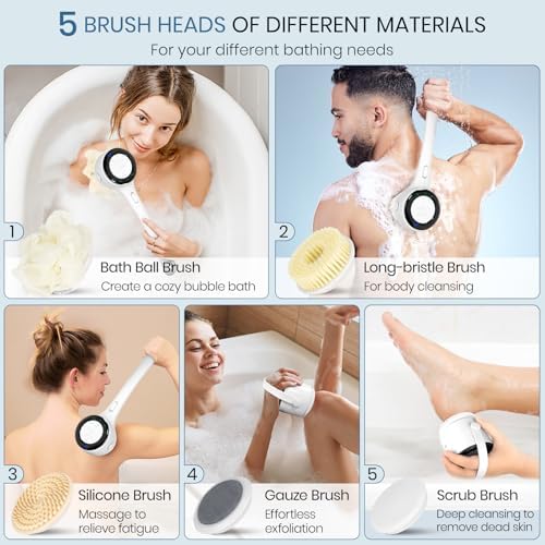 Electric Body Brush Back Scrubber for Shower, Rechargeable Auto Spinning Bath Brush & 4 Speeds, Waterproof Long Handle Body Scrubber with 5 Heads for Deep Cleansing, Exfoliating, Massaging - White