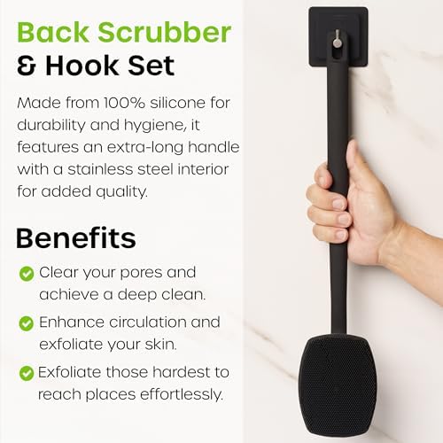 The Man Silicone Back Scrubber for Men - Exfoliating Back Scrubber Brush for Shower with Longer Handle - Body Scrubber Brush - Shower Accessory with Hook (1 Set)