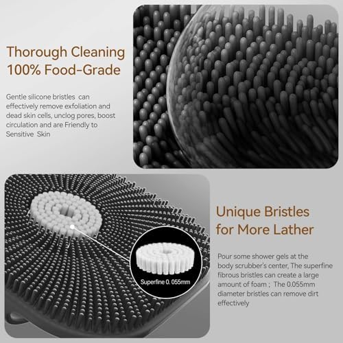 Zinc Infused Silicone Body Scrubber for Men, New Upgrade Deep Exfoliating Body Scrubber for Shower, Silicone Loofah Men for Sensitive Skin with Lathering Bristles and Ergonomic Non-Slip Handle (Black)