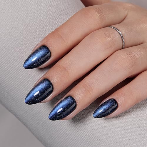 VSALON Press on Nails Short Almond - Blue Cat Eye Chrome Glue On Nails Kit for Women, Reusable Opaque Gel Stick on Nails with Glue & Cuticle Oil - 32 PCS Fake Nails in 16 Sizes (Tear Of The Sea)