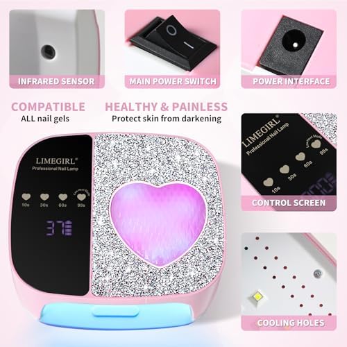 LimeGirl Cordless Nail Dryer for Gel Polish, UV LED Nail Lamp with Fast Curing UV Light & 4 Timer Settings, Portable Rechargeable Gel Lamp Nail Art Tool for Manicure Pedicure at Home & Salon (Pink)