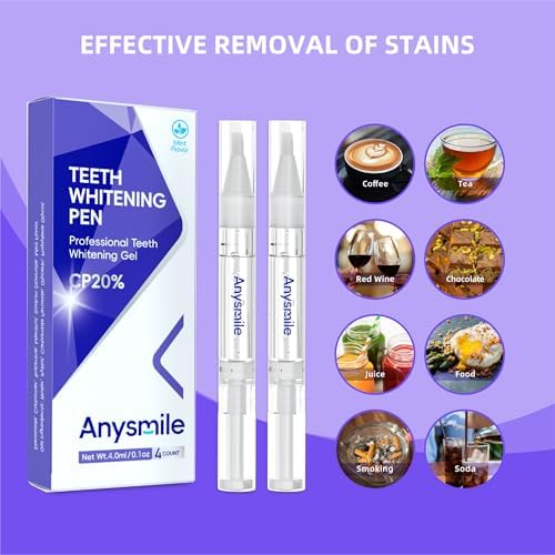 Teeth Whitening Pen Non Sensitive Teeth Whitening Gel with Effective 20% Carbamide Peroxide, 4 Professional Tooth Whitener Pens Travel- Friendly, 2ml/Pen