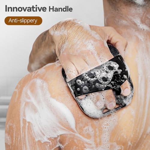 Zinc Infused Silicone Body Scrubber for Men, New Upgrade Deep Exfoliating Body Scrubber for Shower, Silicone Loofah Men for Sensitive Skin with Lathering Bristles and Ergonomic Non-Slip Handle (Black)