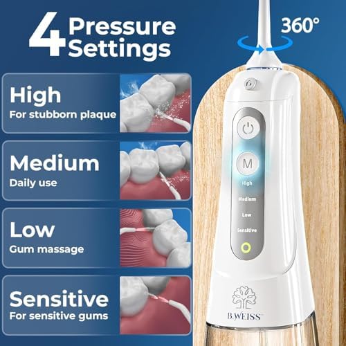 Water Flosser Cordless Pick for Teeth, 4 Modes, Gentle on Gums, Removes Plaque & Food Particles, B. WEISS High-Power, Rechargeable & Waterproof Oral Irrigator; 6 Tips Included, Porcelain White