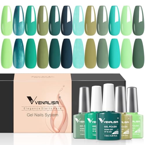 VENALISA 12pc Green Gel Nail Polish Set, Sage Emerald Mint Olive Light Green Color Nail Polish, High Gloss Soak Off Gel Nail French Nail Manicure Salon DIY