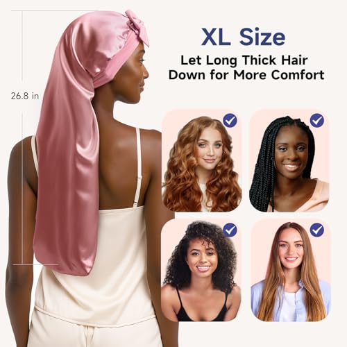 Umisleep 22 Momme Mulberry Silk Bonnet for Sleeping Women, Untangled Hair Care Bonnet, Extra Long for Curls & Braids - Lays Flat for Styling, Double Layer Hair Wrap with Soft Adjustable Tie, Pink