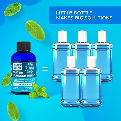 | Water Flosser Rinse, IRRIGANT, Concentrate Mouthwash | When dilluted1:10 = 44 fl.oz, Travel Size, Add to Oral irrigator, Mint Flavor, Alcohol & Fluoride Free. Made in USA | 4 fl.oz
