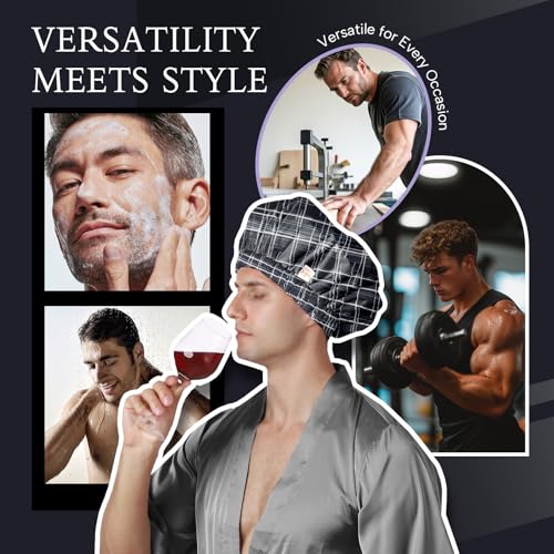 Years calm Shower Cap for Men Waterproof Reusable - Fashion Dual-Layer Design, Adjustable Elastic Band for Long & Curly Hair, XL Bath & Spa Cap for Travel, Satin Lined Shower Cap Black