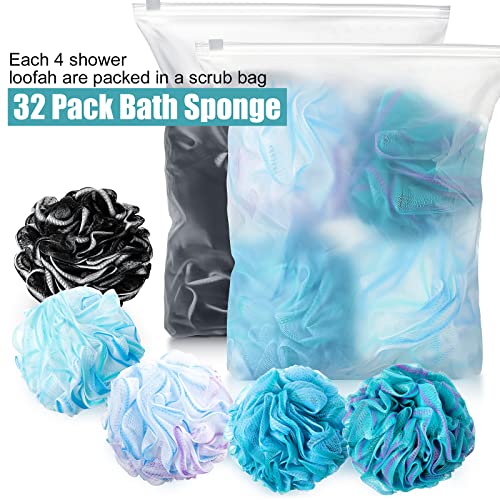 Shellwei 32 Pcs Bath Sponge Shower Loofahs Bulk 60 g Charcoal Body Shower Large Mesh Puff Soft Scrubber for Men and Women Exfoliating Pouf Balls with Bathing Accessories