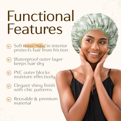 Yanibest Shower Cap for Women - Hair Satin Bonnet Shower Cap for Women Waterproof Extra Large Double Layer Reusable Adjustable for Braids Long Hair