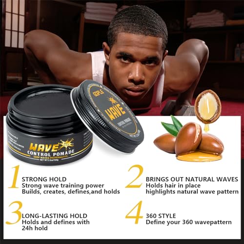 Wave Pomade for Men Strong Hold Easy Wash Hair Cream Grease, Promotes Layered Waves, Moisture, Shine, Brush and Durag Cap Set