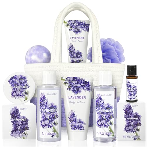 Spa Gift Baskets for Women - Body & Earth 11pcs Lavender Gift Sets with Bubble Bath, Shower Gel, Body Lotion, Birthday Gifts for Women, Spa Kit for Mom Gifts, Purple Gifts