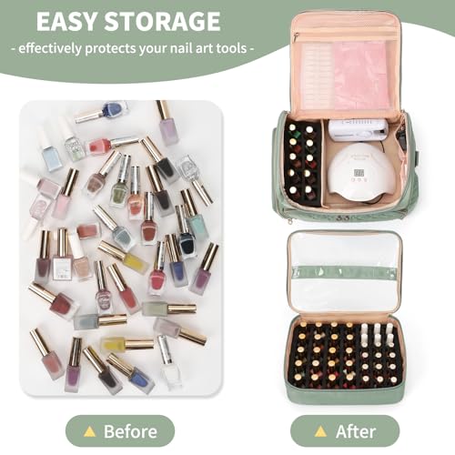 Extra Large Nail Polish Organizer Case Holds 86 to 100+ Bottles Nail Polish & Nail Lamp, Nail Supplies Storage Carrying Bag with 2 Removable Pouches, Portable Nail Tech Travel Box (Green, 86 Slots)