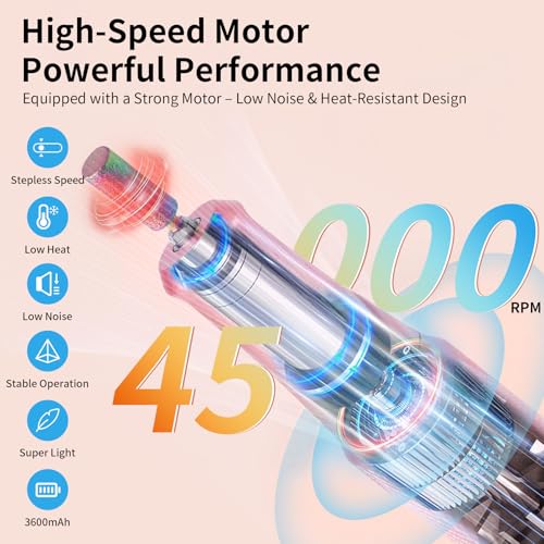 Electric Nail Drill Machine 45,000RPM - Professional Electric and Rechargeable Nail Drill with LCD Display, 6 Bits and 30 Sanding Bands, Low Heat Quiet E-File for Acrylic Gel Nails (Pink-01)
