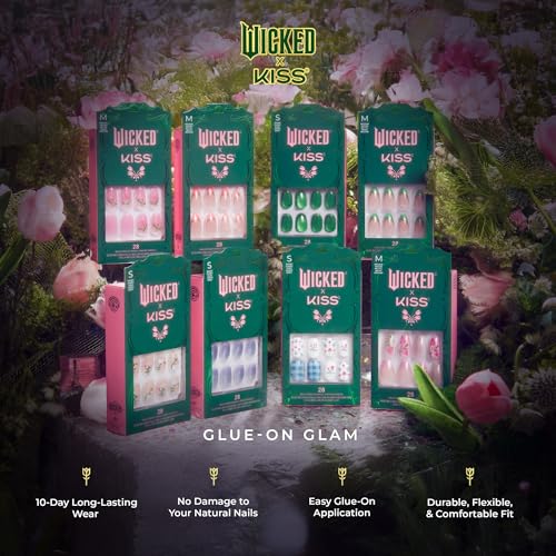 WICKED X KISS Press On Nails, ‘There's Joy’, Neutral, Short Oval, Waterproof, Chip Proof, Smudge Proof, 28 Fake Nails, Pink Gel Nail Glue (2g), Mini Nail File, & Manicure Stick