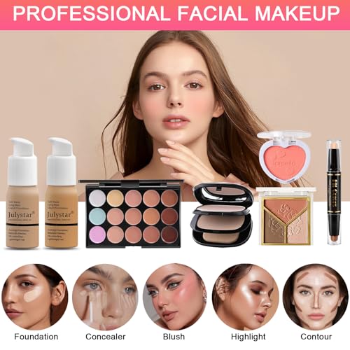 All in One Makeup Kit for Women Full Kit, Professional Travel Makeup Kit for Women & Teens, Foundation Eyeshadow Lipstick Brow Pencil Eyeliner Contour Powder, Complete Make Up Gift Set for Beginners