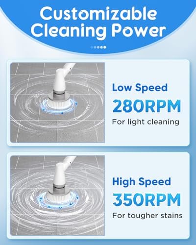 Electric Spin Scrubber with Battery Power Display, Fast-Charging Cordless Shower Scrubber with Long Handle, 4 Replaceable Brush Head, 1.5H & 2 Speeds Electric Scrubber (White)