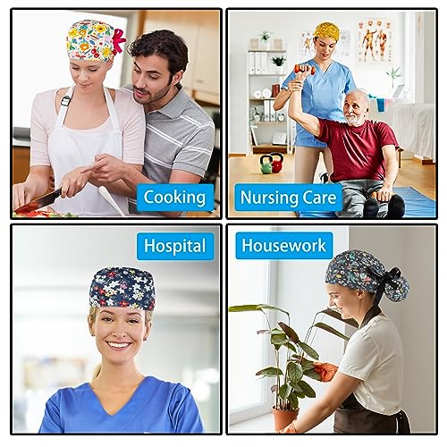 Scrub Caps Women Bouffant Scrub Hats Caps Nurses, Adjustable Working Cap Ponytail Pouch Tie Back Hats