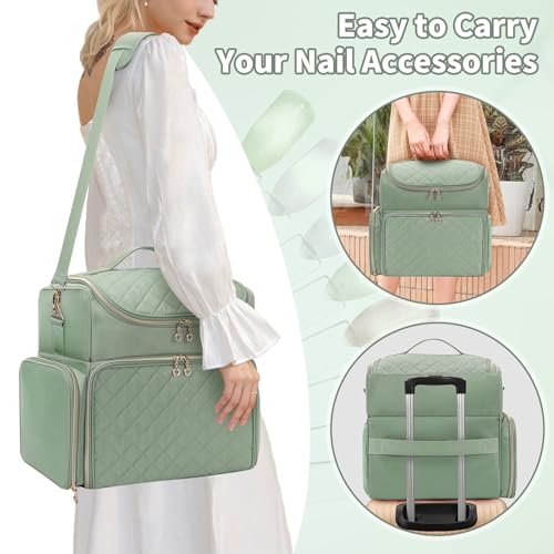 Extra Large Nail Polish Organizer Case Holds 86 to 100+ Bottles Nail Polish & Nail Lamp, Nail Supplies Storage Carrying Bag with 2 Removable Pouches, Portable Nail Tech Travel Box (Green, 86 Slots)