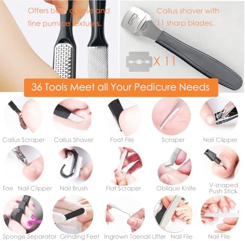 Electric Callus Remover with Dander Vacuum for Feet, Portable 36 in 1 Pedicure Kit Foot File Callus Remover, Waterproof Rechargeable Foot File for Foot Care with 3 Heads&LCD Display