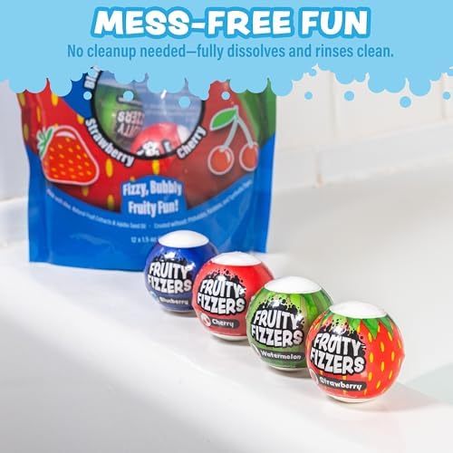 Tub Works® Fruity Fizzers™ Bubbling Bath Bombs for Kids, Variety 12 Pack | Dye-Free & Naturally-Derived | Gentle Kids Bath Bombs for Fizzy, Fruity, Bubbly Fun | Toddler BathBombs with Fruit Extracts