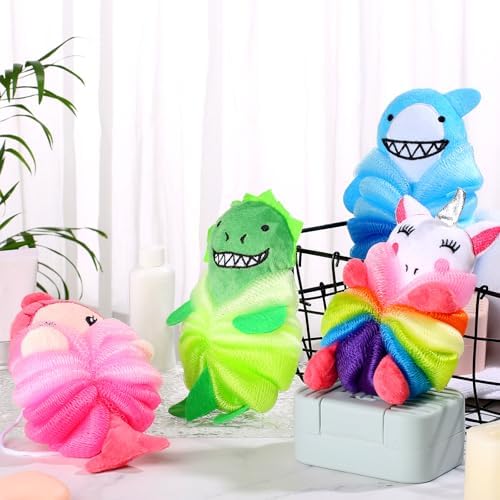 Tatuo 4 Pcs Animal Bath Loofahs Kids Body Loofah Cartoon Shower Cute Bath Sponge Pouf Body Scrubbers Mesh Sponge for Children Shower Baby Washing Exfoliating, 4 Style (Vivid Style)