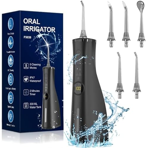 Water Dental Flosser Electric Oral Irrigator 300ML Large Tank 5 Replaceable Jet Tips IPX7 Waterproof Teeth Cleaner Flossing Cleaning Picks for Home and Travel