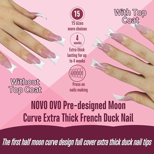 White French Tip Duck Feet Nail Tips BERRY PINK Full Cover Press on Acrylic with Moon Curve, Thick Medim Long Pre-Etched Matte Flare Wide Soft Gel Fake False Nail Extension x 15 Sizes 150 pcs