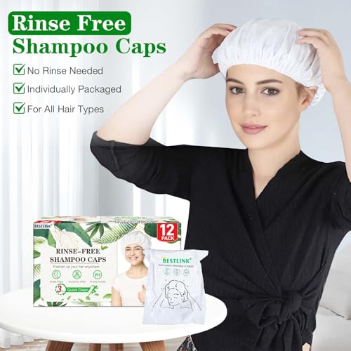 Shampoo Caps No Rinse, 12 Pack Waterless Shampoo Caps for Bedridden Patients and Elderly, Rinse Free Hair Washing Shower Caps for Post Surgery, Hospital, Camping