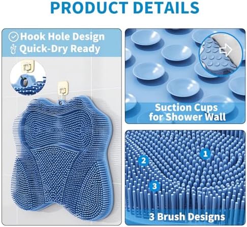 XXL Large Foot Scrubber Mat & Silicone Back Scrubber with Butterfly Form Design,3 Brush Designs for Deep Cleaning Shower Foot Scrubber Mat, Wall Mounted Back Scrubber Silicone Bath(Blue)
