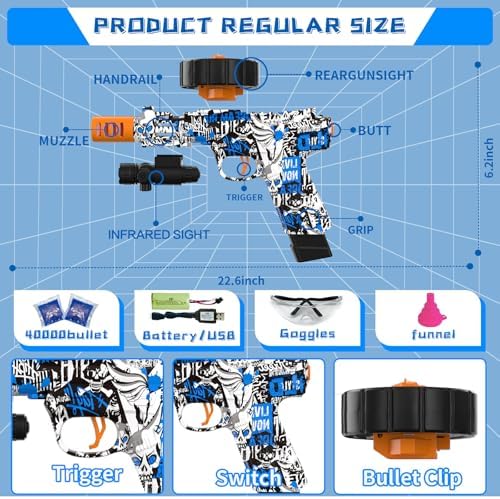 Electric Gel Ball Blaster, High Speed Automatic Splatter Ball Blaster with 60000+ and Goggles, JIFTOK Rechargeable Splatter Ball Toys for Outdoor Activities Shooting Game Party Favors-bl pstl