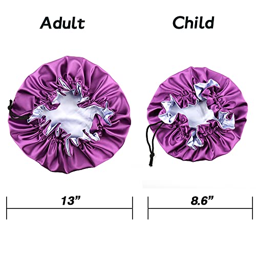 Mommy and Me Bonnet Set Satin Bonnet Sleep Cap, Adjustable Hair Bonnet for Women and Baby, Kids, Toddler (0-3 Years Old) Curly Hair Cap Double Layer (Purple/Blue)