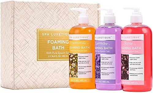 Spa Luxetique Bubble Bath, 3 X 16.9 fl oz Foaming Bath with Pure Epsom Salt, Chamomile, Rose and Lavender Scent Bathing Set, Christmas Gifts Set for Women and Men